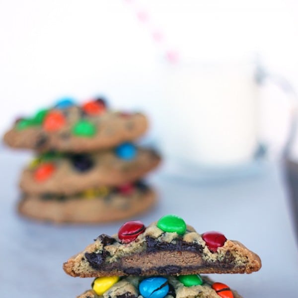 Peanut Butter Cup Stuffed Chocolate Chip Cookies with Peanut Butter M and Ms
