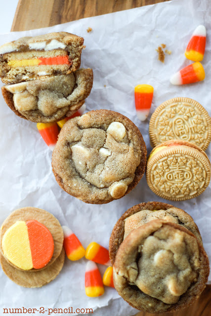 Candy Corn Oreo Stuffed White Chocolate Chip Cookies