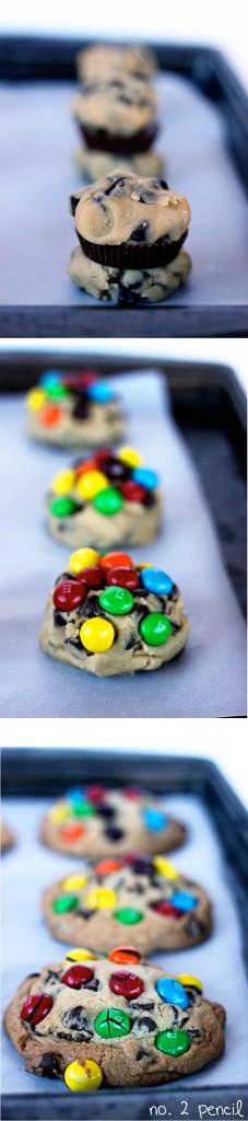 Peanut Butter Cup Stuffed Chocolate Chip Cookies with Peanut Butter M and Ms