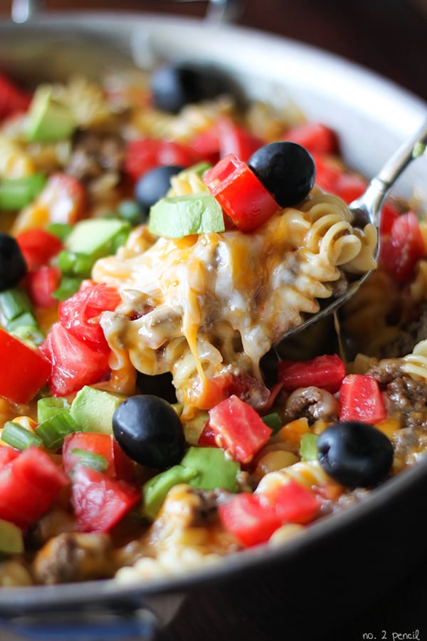 One-Pan Taco Casserole - ground beef, pasta, tomatoes and melty cheese!
