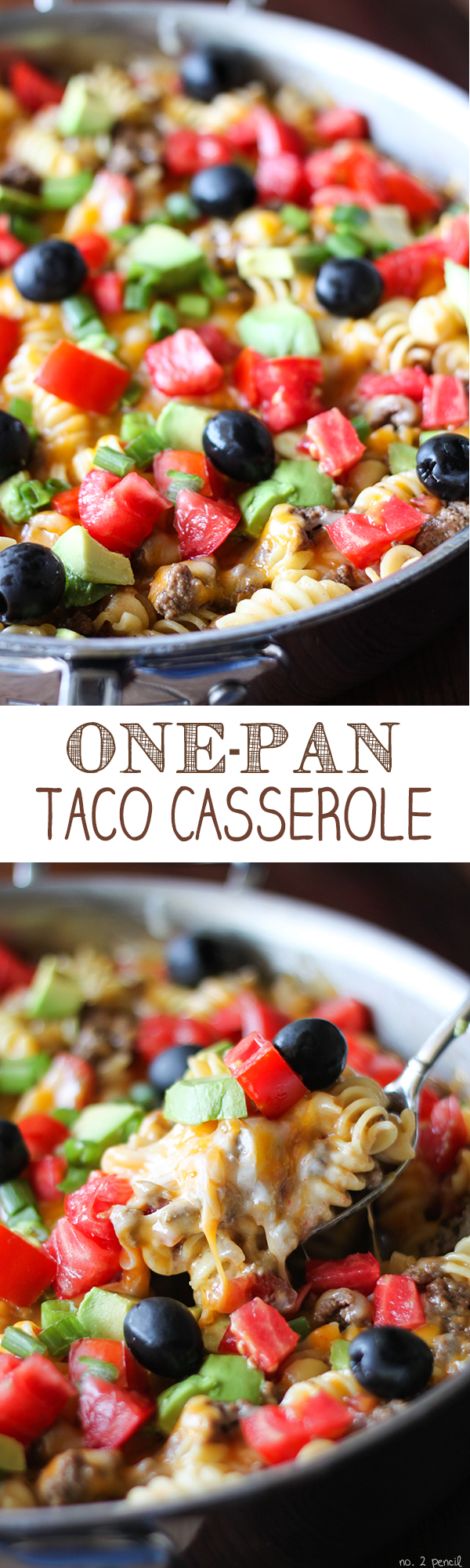 One-Pan Taco Casserole - ground beef, pasta, tomatoes and melty cheese!