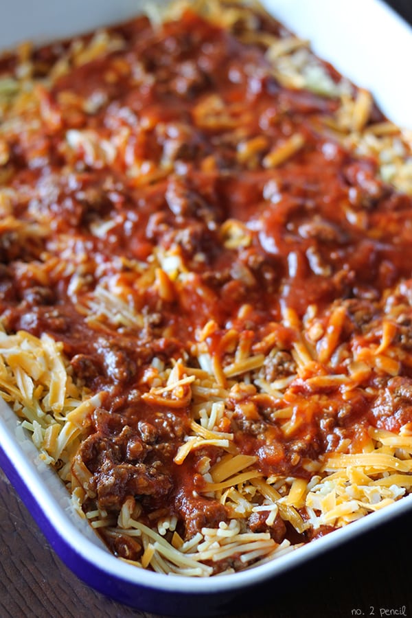 Baked Spaghetti - Bite sized pieces of spaghetti baked together with homemade meat sauce and melty cheddar cheese. 