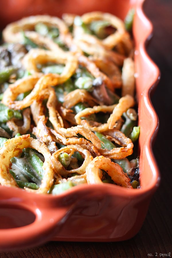 Homemade Green Bean Casserole with Homemade Onions Rings