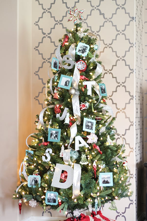 Aqua and Red Personalized Christmas  Tree with DIY  Photo  