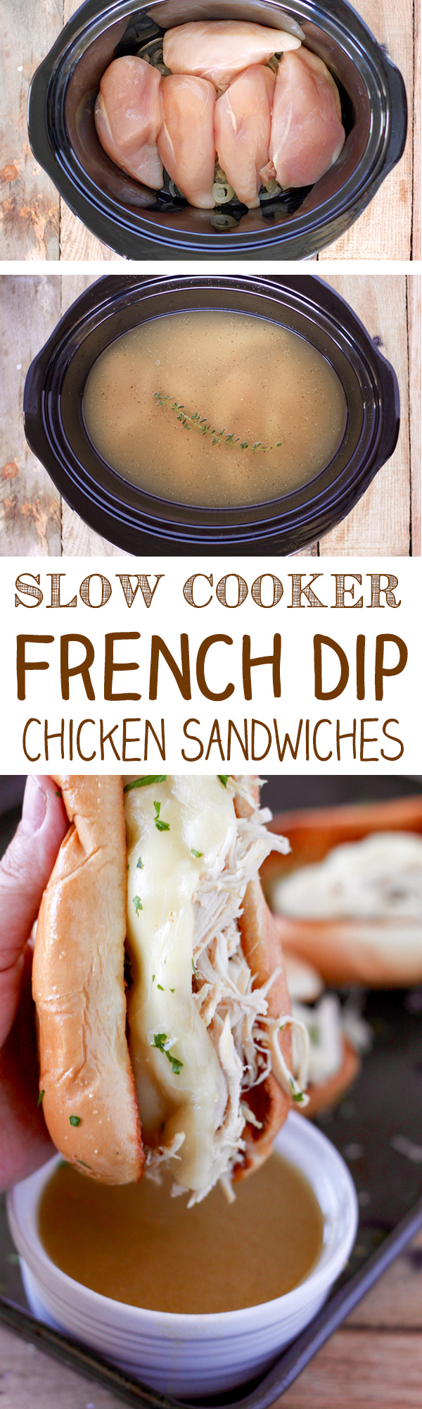 Slow Cooker Chicken French Dip Sandwiches on Toasted Garlic Bread