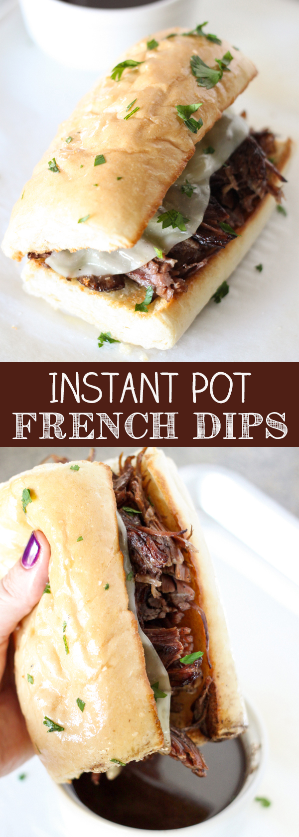 Instant Pot Pressure Cooker French Dip Sandwich- Tender chunks of beef roast topped with melty cheese on a toasted garlic bread roll! 