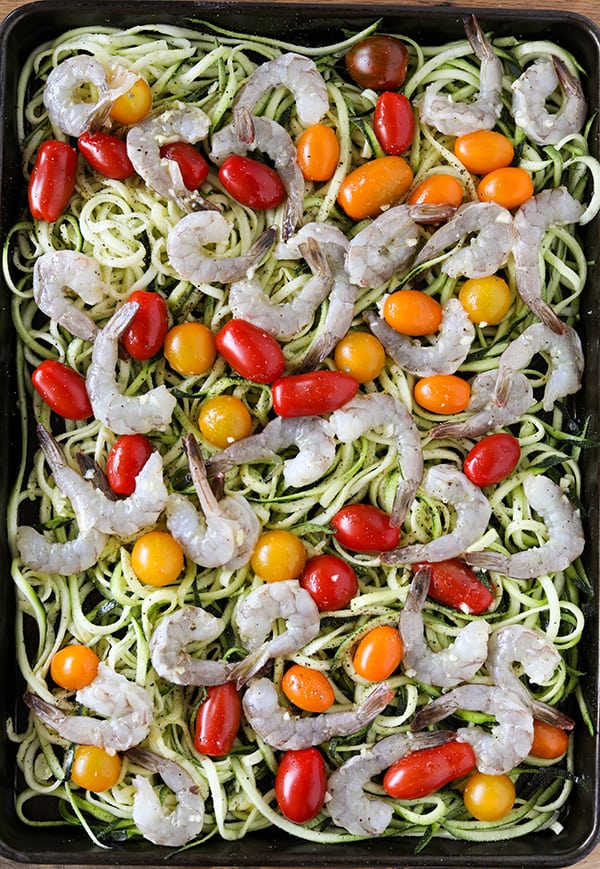 Sheet Pan Lemon Garlic Shrimp and Zucchini Noodles aka Zoodles - everything cooks on one sheet pan! 