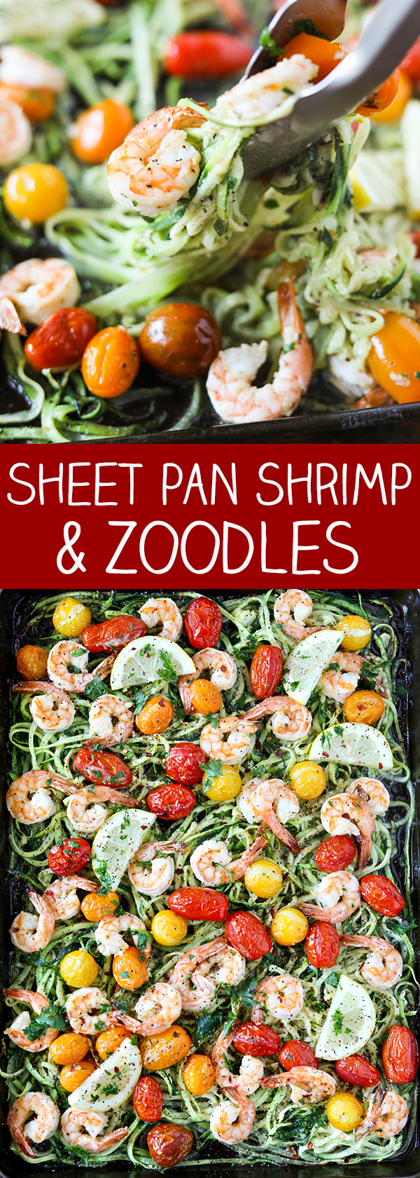 Sheet Pan Shrimp and Zuchinni Noodles aka Zoodles - even the zucchini noodles cook on the same pan! 