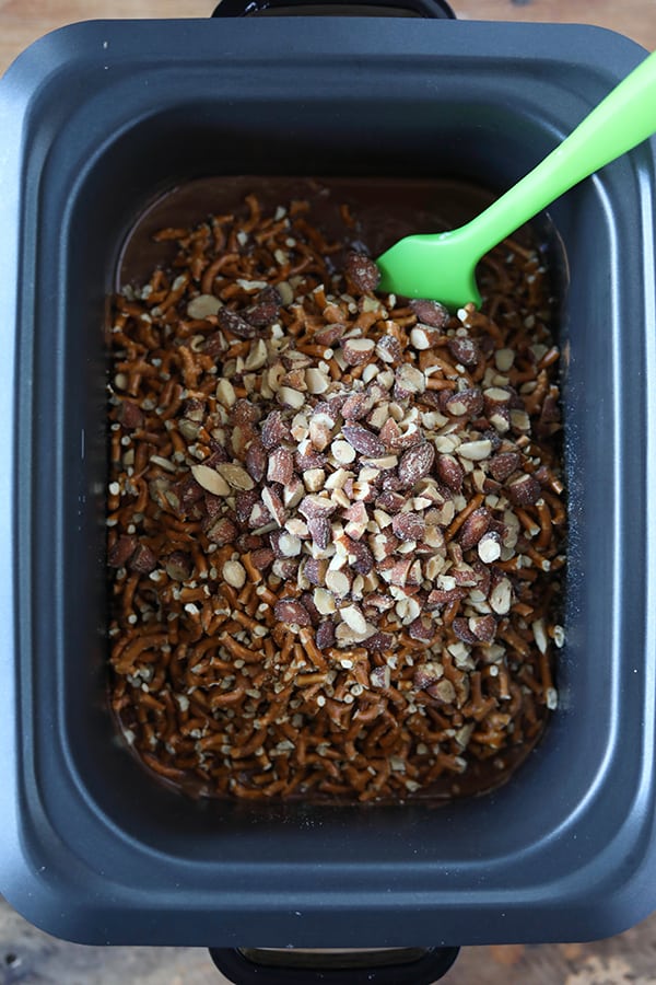 Slow Cooker Chocolate Almond Pretzel Candy-4