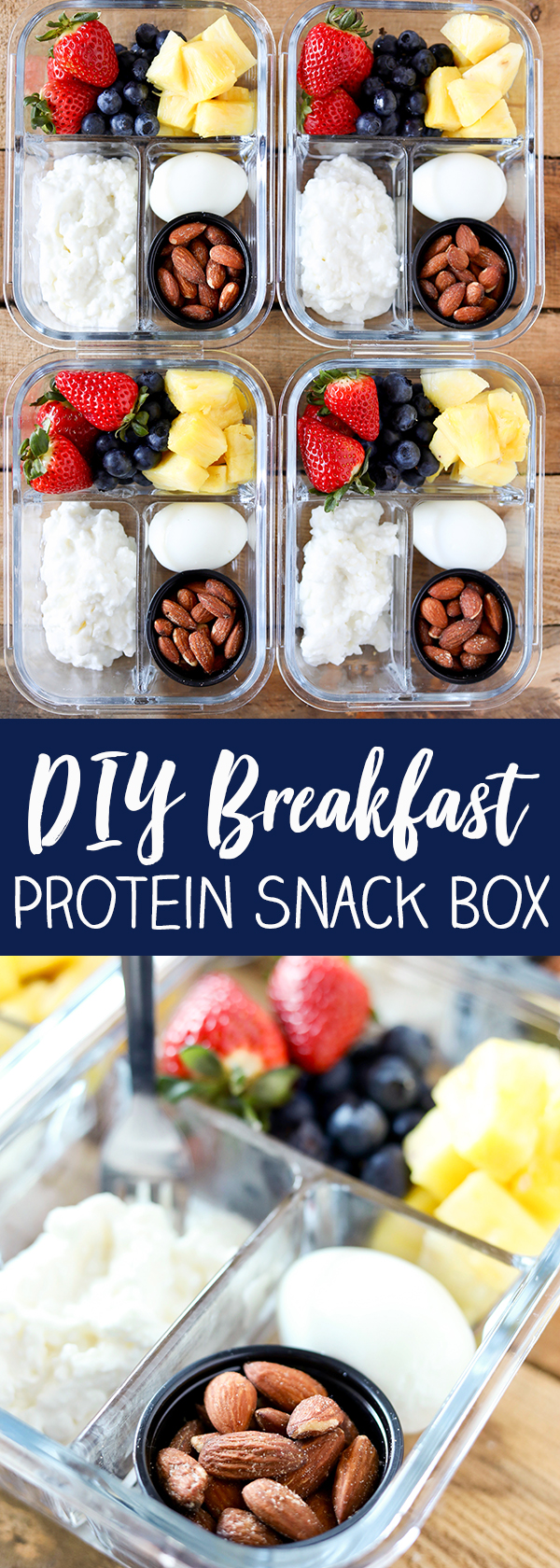 This DIY Breakfast Protein Snack Box is so easy to put together and perfect for grab and go or taking to work. These are some of my favorite breakfast foods. Fresh colorful fruit, a hardboiled egg, cottage cheese and roasted almonds for a little crunch. Some mornings are so hectic, it's a lifesaver to have breakfast prepped and ready to go! -More family favorite recipes on number-2-pencil.com. #familyfavorites