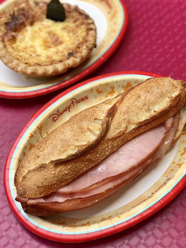 Jambon Beurre Ham, Cheese, Dijon Mustard Butter on a freshly baked baguette from Les Halles Boulangerie-Patisserie in France Pavilion