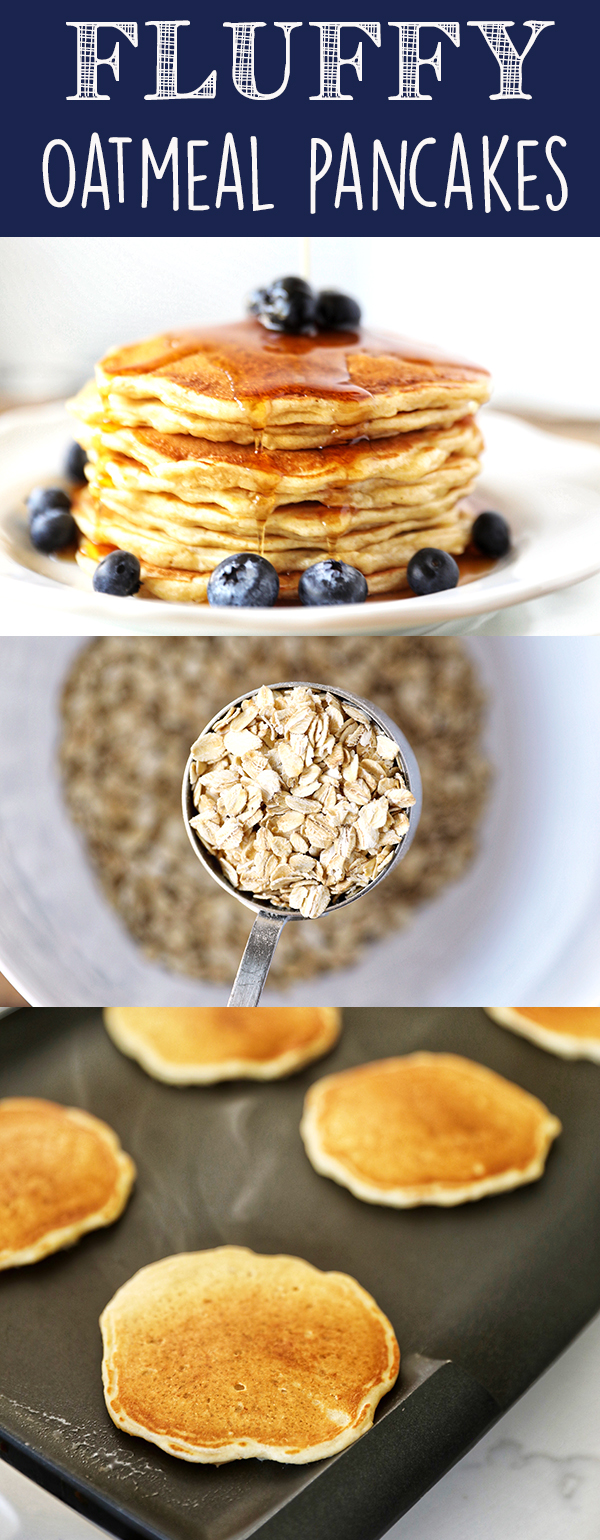 Oatmeal Pancakes are fluffy and hearty and sure to become a family favorite! Made with buttermilk, old-fashioned oats, white whole-wheat flour and sweetened with just a touch of pure maple syrup. More family favorite recipes on number-2-pencil.com. #familyfavorite #pancakes