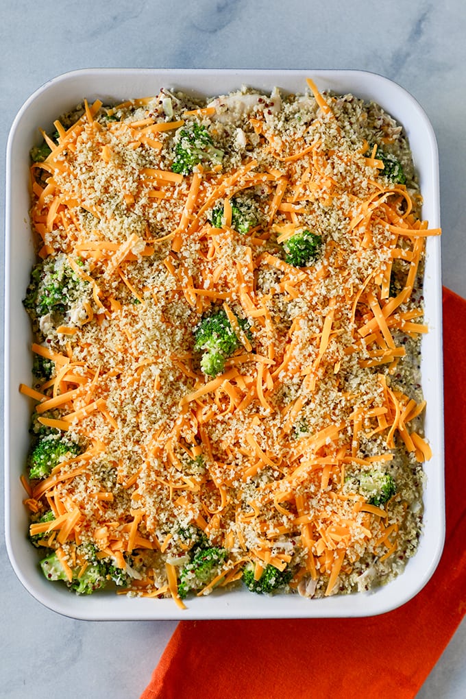 This Chicken Broccoli Casserole recipe is loaded with chicken, broccoli, hearty quinoa and sharp cheddar cheese. This modern casserole is pure comfort food and doesn't use any canned cream soups. 