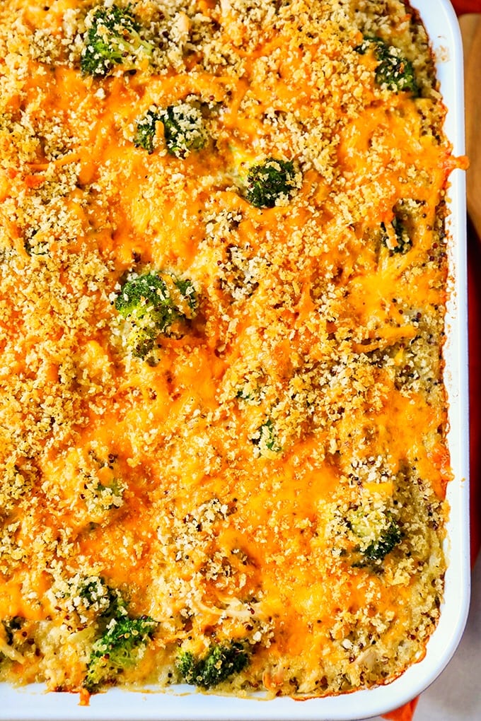This Chicken Broccoli Casserole recipe is loaded with chicken, broccoli, hearty quinoa and sharp cheddar cheese. This modern casserole is pure comfort food and doesn't use any canned cream soups. 