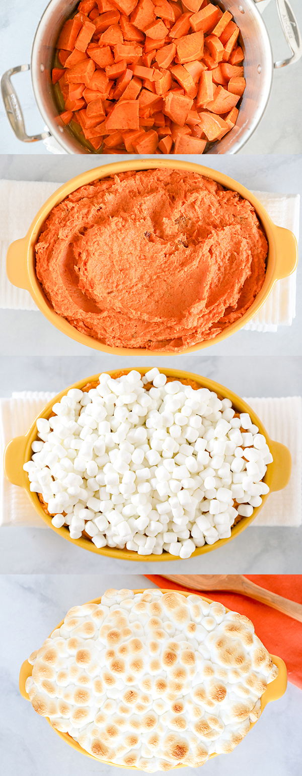 Sweet Potato Casserole -Fresh sweet potatoes mashed with butter and heavy cream, mixed with toasted pecans and topped with toasted marshmallows. 
