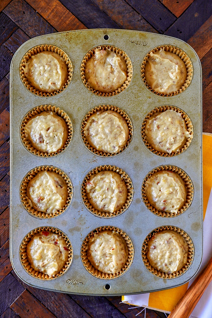 Banan Nut Muffins Batter Divided in Muffin Tin