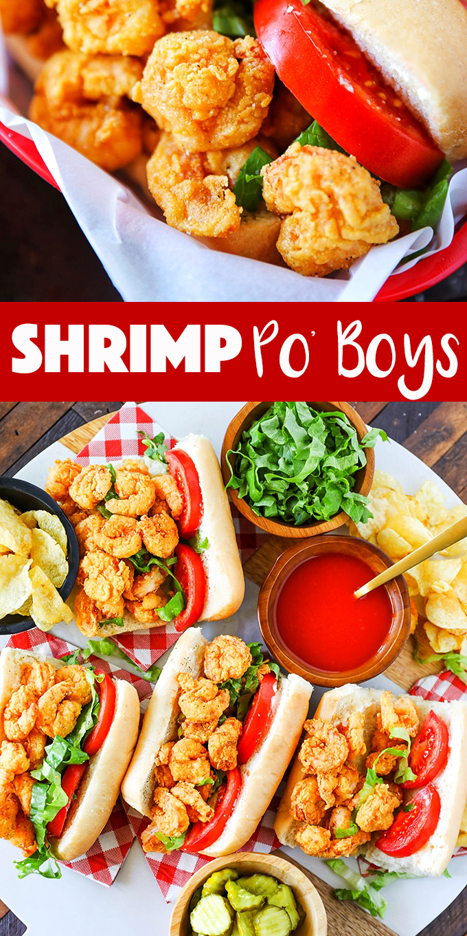 Shrimp Po' Boys, freshly fried, crunchy buttermilk shrimp piled high on soft french rolls and topped with ripe tomatoes, crunchy shredded lettuce and spicy mayo.