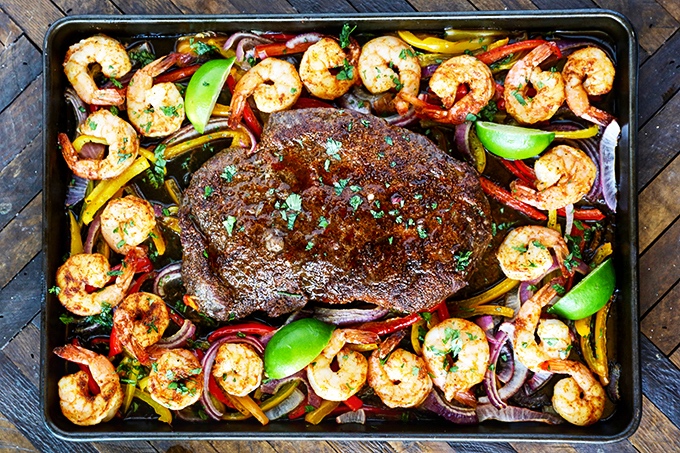 Steak and Shrimp on a Sheet Pan