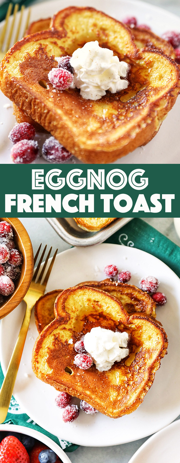 Eggnog French Toast - thick slices of buttery brioche dipped in a rich eggnog custard and cooked until golden brown. The perfect Christmas breakfast! 