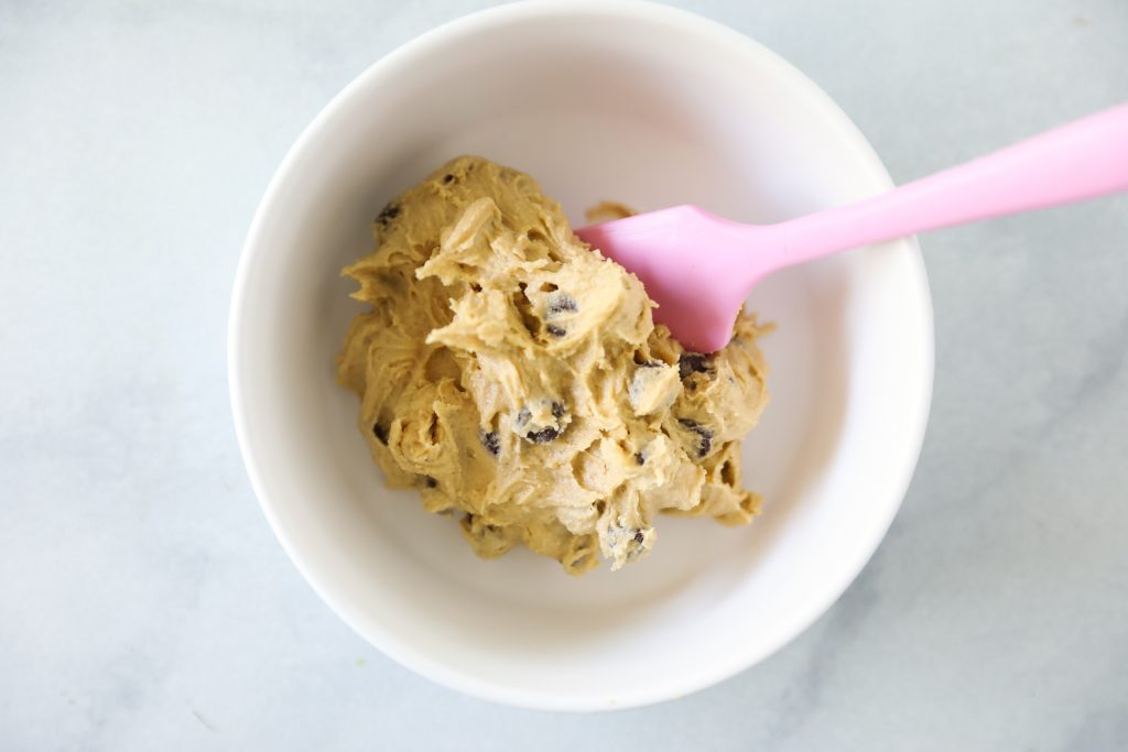 Cookie dough for two chocolate chip cookies.