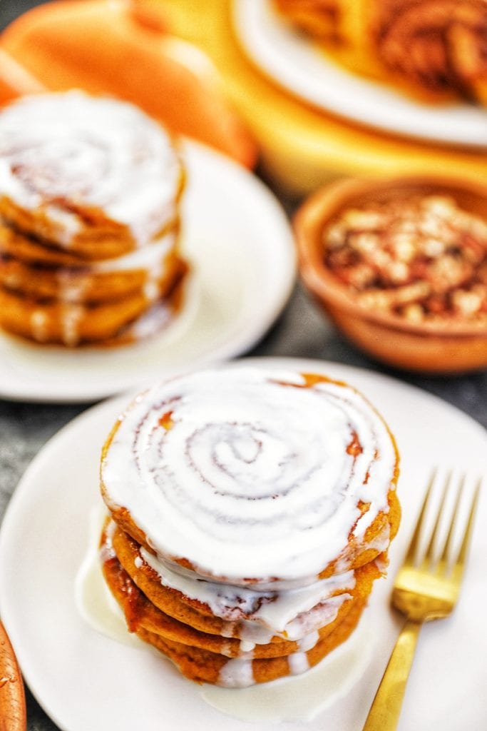 Pumpkin Cinnamon Roll Pancakes with Frosting