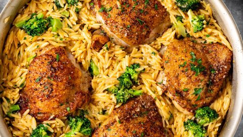Skillet Chicken Thighs with Broccoli Cheddar Orzo - No. 2 Pencil