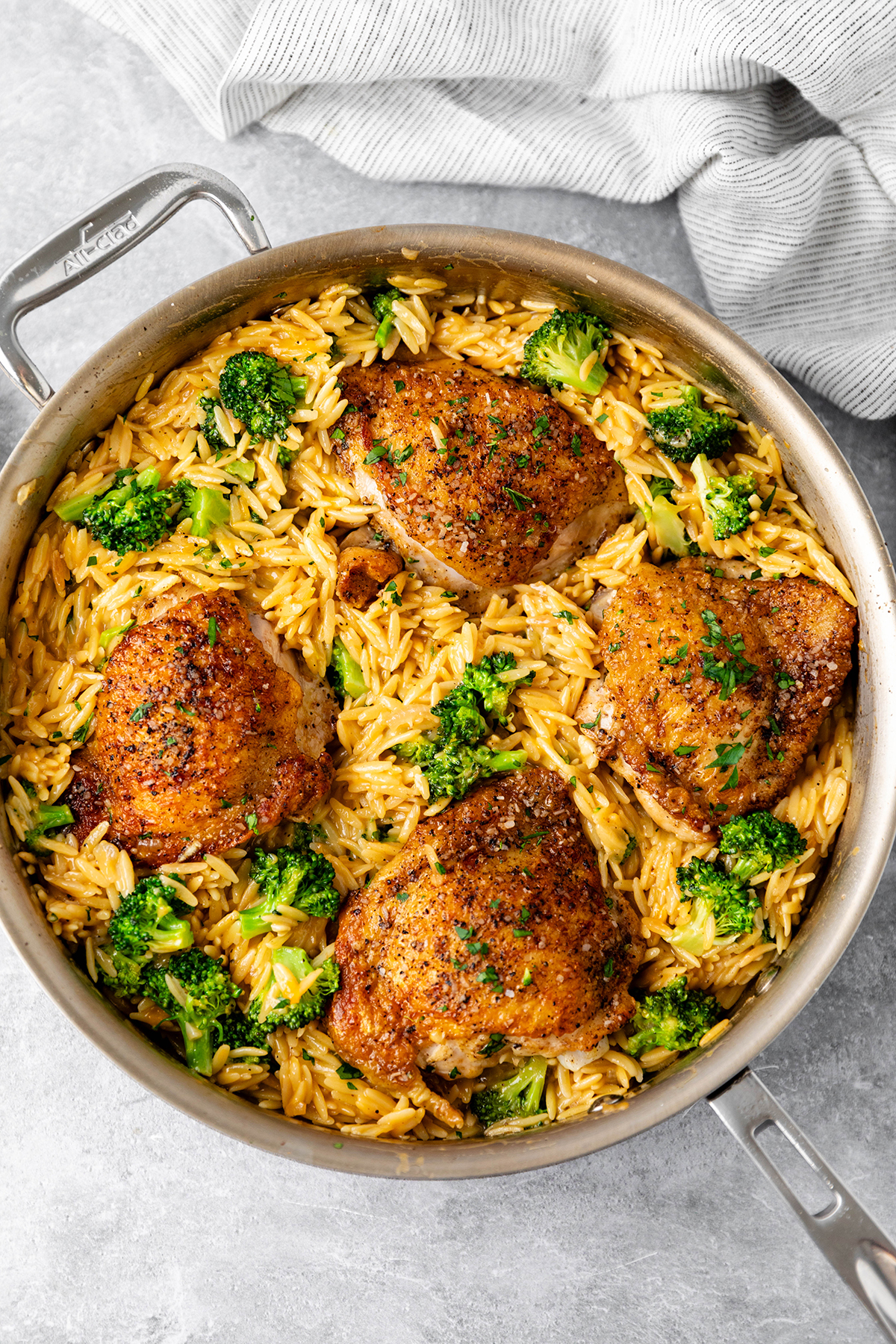 Skillet Chicken Thighs with Broccoli Cheddar Orzo