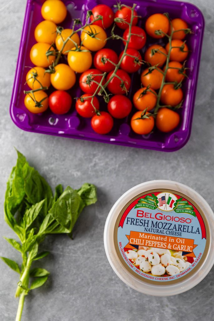 Ingredients for Bite-Sized Caprese Salad and Bread Dipping Oil Appetizer