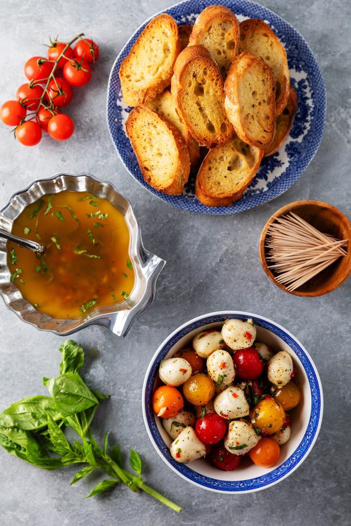 Bite-Sized Caprese Salad and Bread Dipping Oil Appetizer