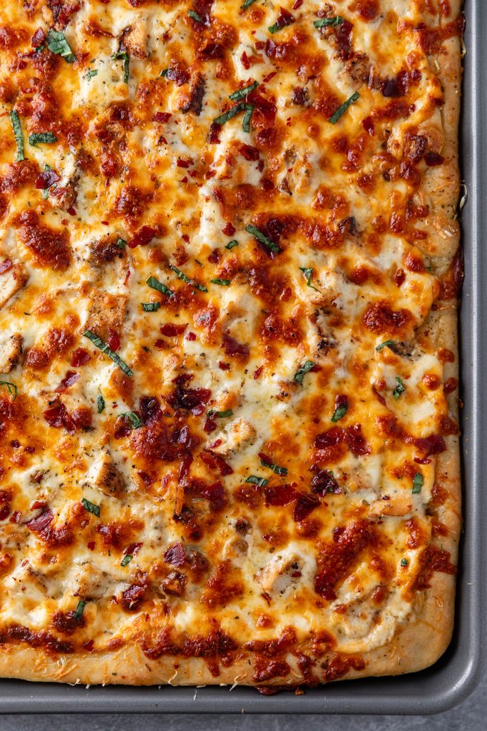 Sheet Pan Garlic Chicken Alfredo Pizza