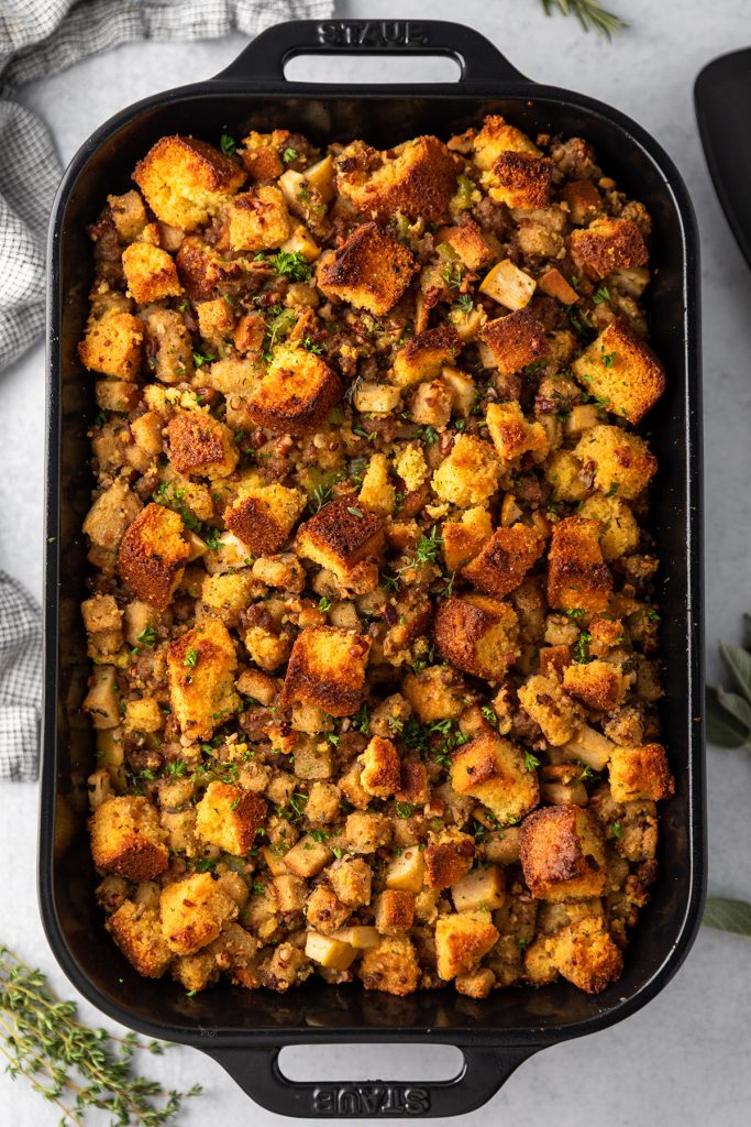 Cornbread Dressing with Sausage, Apples, and Pecans
