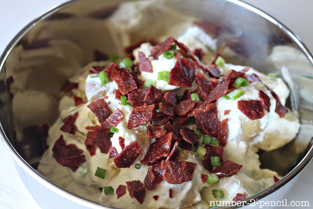 Baked Potato Salad Lightened-Up with Greek Yogurt and Turkey Bacon